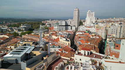 Fototapeta premium Madrid, Spain - October 29, 2022: Aerial view of city center. Buildings and main landmarks on a sunny day