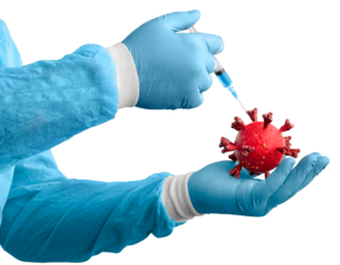 COVID  vaccine vial for prevention, doctor hand with virus molecule