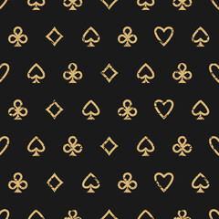 Seamless golden grunge pattern with card suits - hearts, clubs, spades and diamonds. Scratched Casino gambling, poker background. Alice in wonderland ornament.