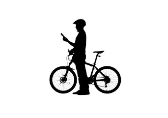Side view on black silhouette of cyclist looking at smartphone screen. Male bicyclist in sportswear and a bicycle helmet on white background. Traveling, training, active rest.