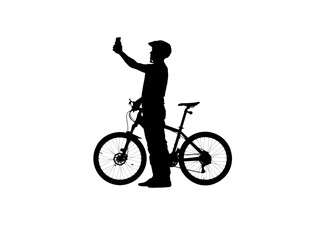 Fototapeta na wymiar Side view on black silhouette of cyclist looking at smartphone screen. Male bicyclist in sportswear and a bicycle helmet on white background. Traveling, training, active rest.
