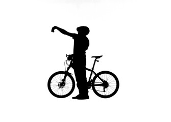 Side view on black silhouette of cyclist taking a selfie with a smartphone camera. Male bicyclist in sportswear and a bicycle helmet on white background. Traveling, training, active rest.