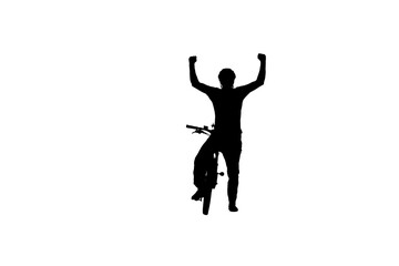 Fototapeta na wymiar Black silhouette of cyclist raising his hands in triumph and rejoicing in victory. Male bicyclist riding sports bike on white background. Traveling, training, active rest. Active sporty people concept