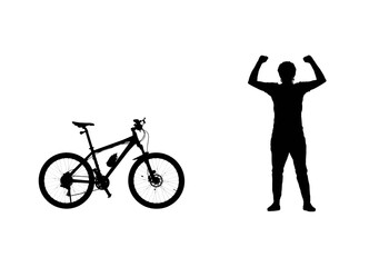 Black silhouette of cyclist raising his hands in triumph and rejoicing in victory. Male bicyclist standing next to a sports bike on white background. Traveling, training, active rest.