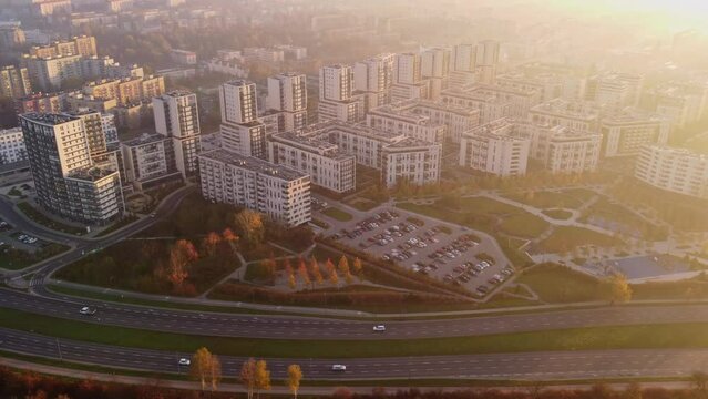 Aerial view of modern housing district in Cracow (Czyżyny - Nowa Huta), Poland. White blocks of flats seen from drone.