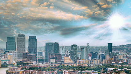London - UK. Aerial panoramic view of Canary Wharf modern buildings on a sunny day
