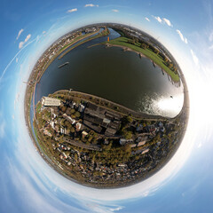 Rheinbogen zwischen Duisburg Ruhrort und Homberg / Ruhrmündung in den Rhein / Kugelpanorama