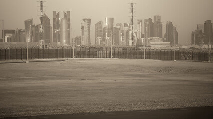 Doha sunrise skyline from the Hamad airport runway