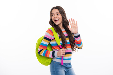 Back to school. Teenage school girl ready to learn. School children on white isolated background. Happy girl face, positive and smiling emotions.