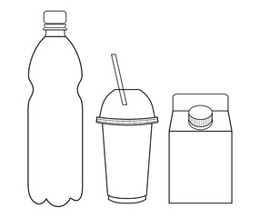 A set of plastic objects (bottle, take away cup, milk carton). Linear vector illustration. For designs, logos, posters, prints, mockups, templates. Buying concept