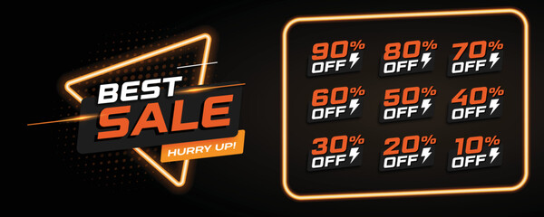 Naklejka premium Promotional Best Sale Neon Orange Banner with Discount Tags. Retail Concept For Marketing Promotion. Price Tags Design for Web and Printed Materials