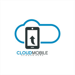 Technology logo design. Illustration of smartphone with up arrow on cloud background.