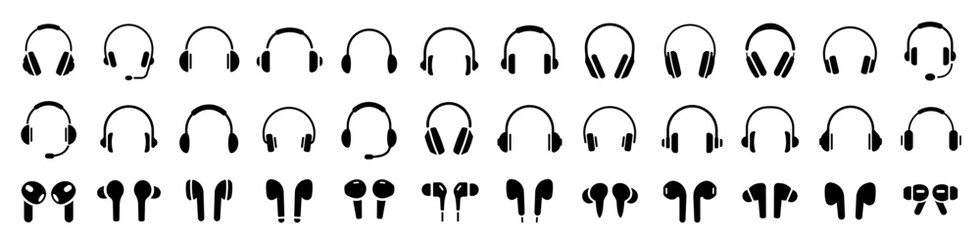 Headphones icons set. Vector black headphone icons set. Headphones and ear pods collection. Music sign – stock vector. Vector illustration.