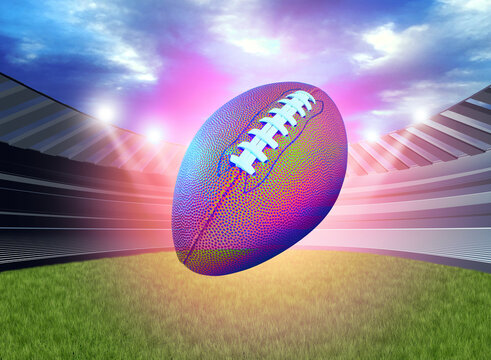Glowing American football ball in a sports stadium or sport field as a team tournament in an arena for game playing competition