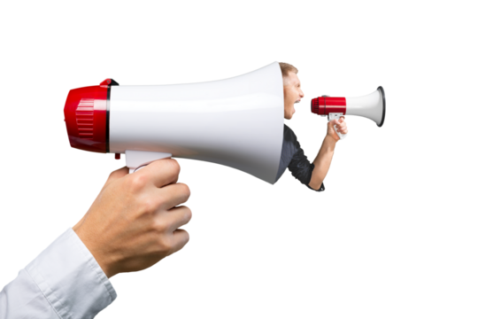 Man hand holding bullhorn with man holding bullhorn
