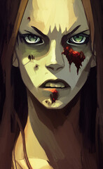 Digital painted illustration of fantasy scary zombie or vampire, horror character portrait. 