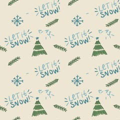seamless beige christmas pattern with let it snow ans christmas tree