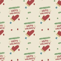 seamless beige christmas pattern with mittens and happy holidays