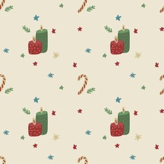 seamless beige christmas pattern with candles and candycane