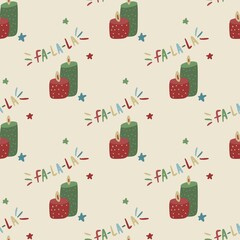 seamless beige christmas pattern with red and green candles and stars