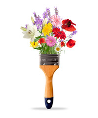 Tassel or brush for drawing and painting with bright flowers