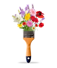 Foto op Plexiglas Tassel or brush for drawing and painting with bright flowers © BillionPhotos.com