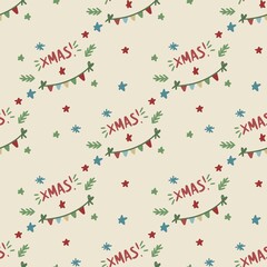 seamless beige christmas pattern with xmas and glags in green, red and blue colours