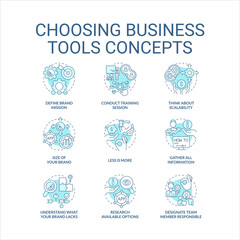 Choosing business tools turquoise concept icons set. Brand strategizing idea thin line color illustrations. Isolated symbols. Editable stroke. Roboto-Medium, Myriad Pro-Bold fonts used