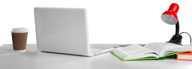 Workspace office desk. Coffee and laptop computer with office supplies