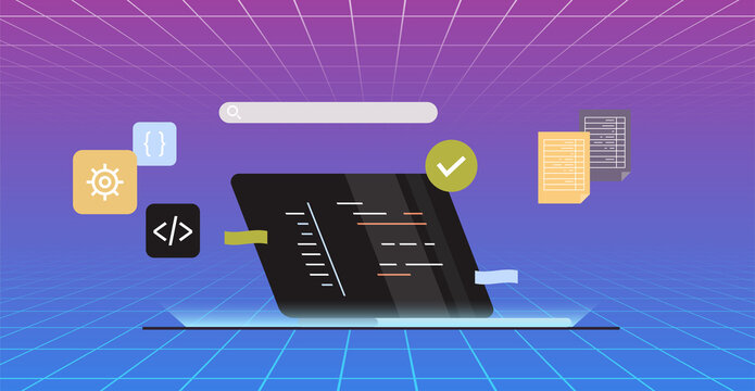 Developing new software on laptop and freelance developer programming, coding, development process concept flat illustration.	
