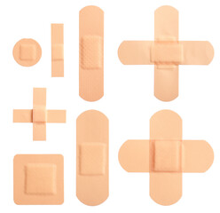 set of different bandaids or plasters isolated on white background