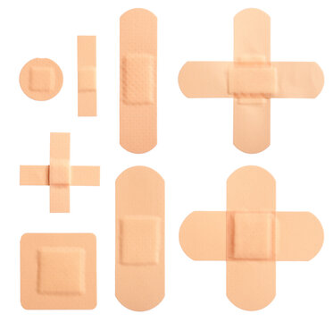 set of different bandaids or plasters isolated on white background
