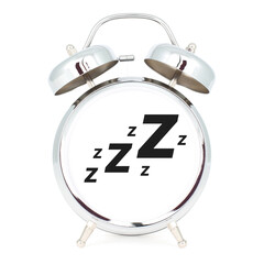 zzz letters on empty clock face of classic chrome alarm clock which isolated on white background