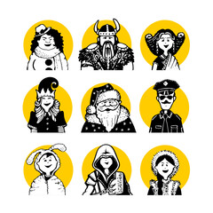 Christmas carnival costumes 2 and comic doodle style people faces and characters for avatar in yellow circle. Snowman, Viking, Indian, elf, Santa Claus, policeman, hare, man, woman, child