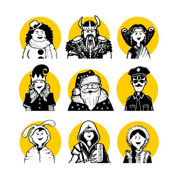 Christmas carnival costumes 2 and comic doodle style people faces and characters for avatar in yellow circle. Snowman, Viking, Indian, elf, Santa Claus, policeman, hare, man, woman, child