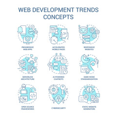 Trends in web development turquoise concept icons set. Online technology transformation idea thin line color illustrations. Isolated symbols. Editable stroke. Roboto-Medium, Myriad Pro-Bold fonts used