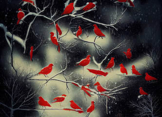 Red Birds in a Winter Landscape