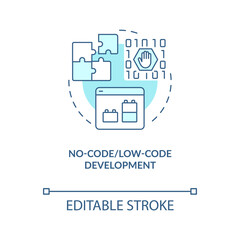No code development turquoise concept icon. User experience. Web industry trend abstract idea thin line illustration. Isolated outline drawing. Editable stroke. Arial, Myriad Pro-Bold fonts used