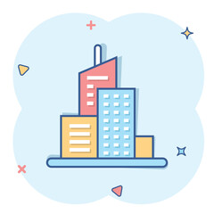 Obraz premium Building icon in comic style. Town skyscraper apartment cartoon vector illustration on white isolated background. City tower splash effect business concept.