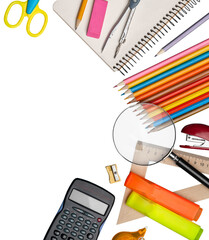 School stationary. Notebook, pens, pencils and other tools