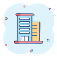 Building icon in comic style. Town skyscraper apartment cartoon vector illustration on white isolated background. City tower splash effect business concept.