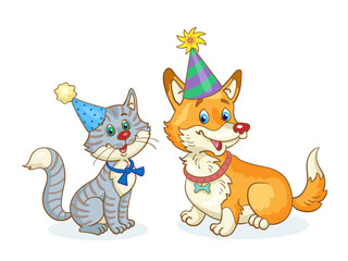 Funny corgi dog and gray cute cat in party hats are sitting together. In cartoon style. Isolated on white background. Vector illustration.