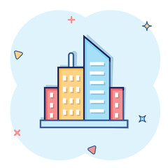 Building icon in comic style. Town skyscraper apartment cartoon vector illustration on white isolated background. City tower splash effect business concept.