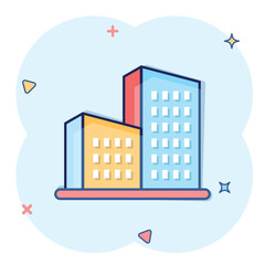 Obraz premium Building icon in comic style. Town skyscraper apartment cartoon vector illustration on white isolated background. City tower splash effect business concept.