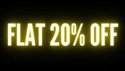 Flat 20 off Neon Text. 20% sale banner. neon banner, night bright advertising, light art. black background. illustration
