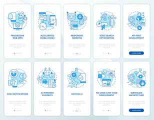 Web development trends blue onboarding mobile app screen set. Walkthrough 5 steps editable graphic instructions with linear concepts. UI, UX, GUI template. Myriad Pro-Bold, Regular fonts used