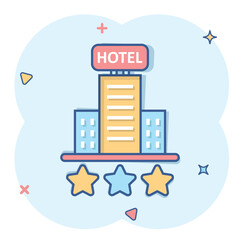Hotel 3 stars sign icon in comic style. Inn building cartoon vector illustration on white isolated background. Hostel room splash effect business concept.