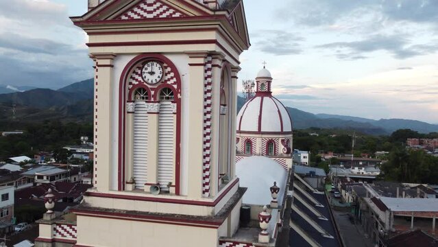 Upward aerial view of the town church in chaparral tolima colombia. concept of travel and towns