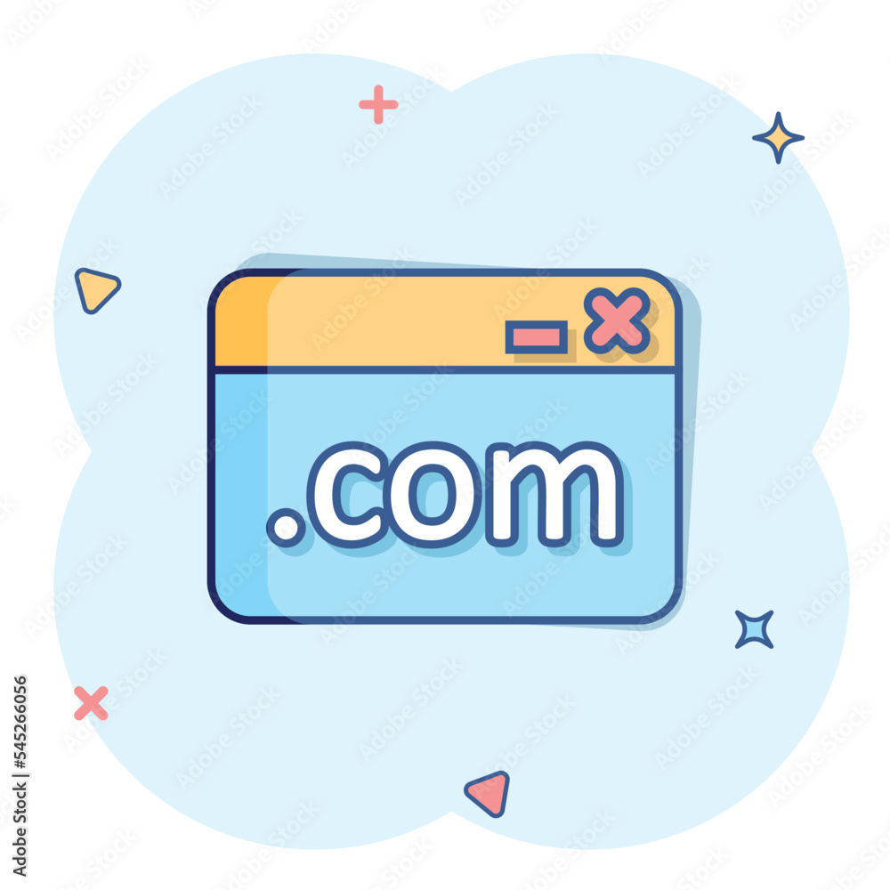 Aufkleber website domain icon in comic style. com internet address cartoon vector illustration on white isolat