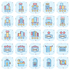 Hotel icon set in comic style. Booking cartoon vector illustration on white isolated background. Vacation reservation splash effect business concept.